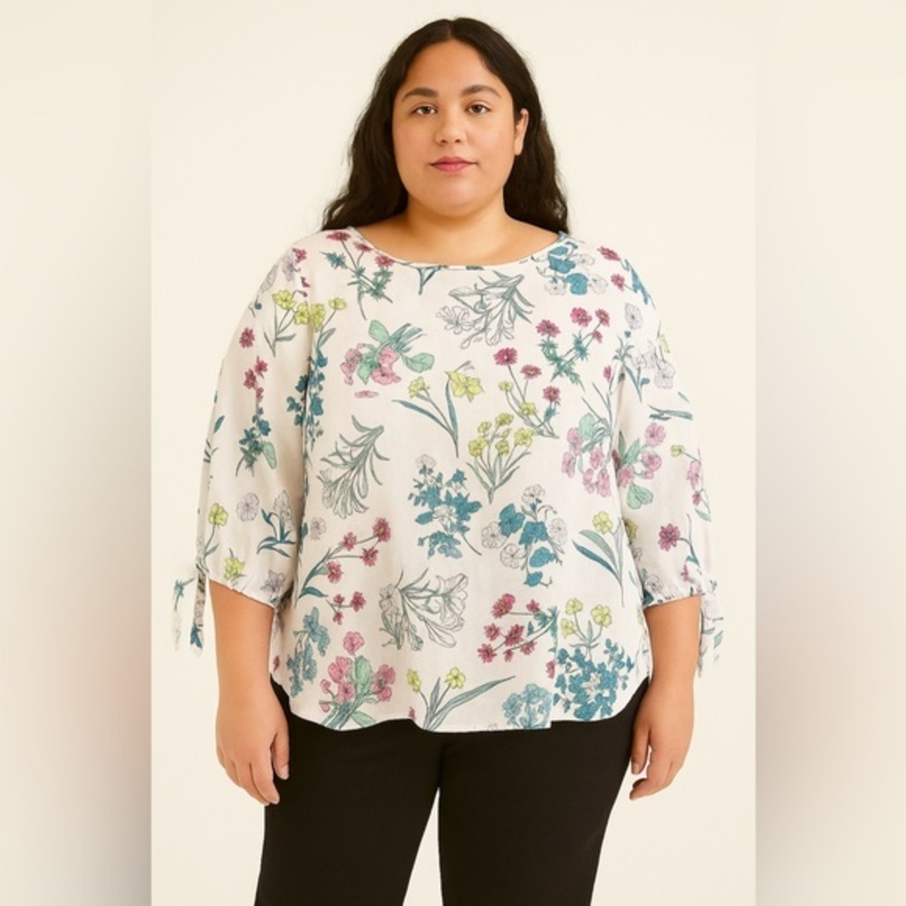 Nine West Floral Print Blouse Size L – 3/4 Sleeve Tie Cuffs